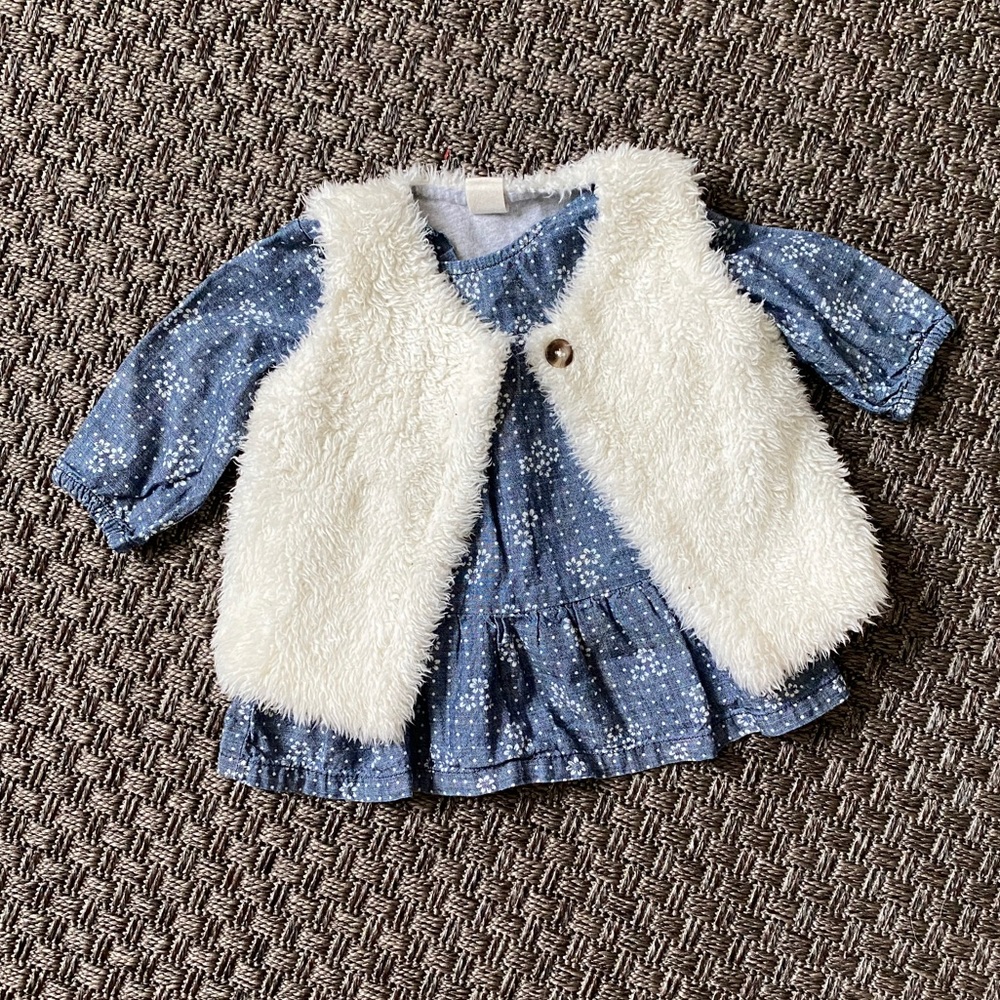 Denim dress and Fuzzy vest